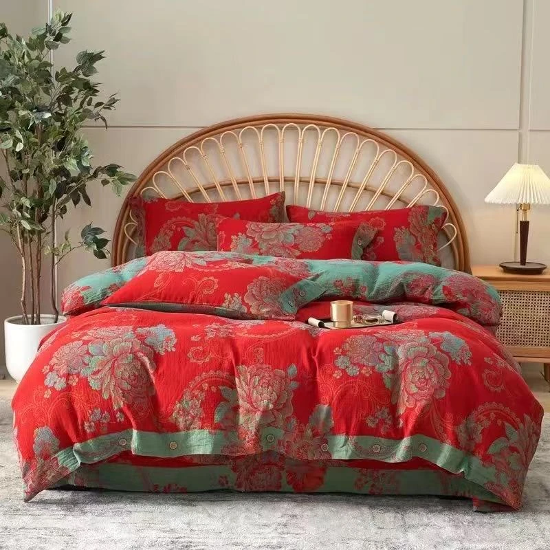 （四件套）纯棉双层纱色织大提花柔软亲肤透气不起球高端结婚红