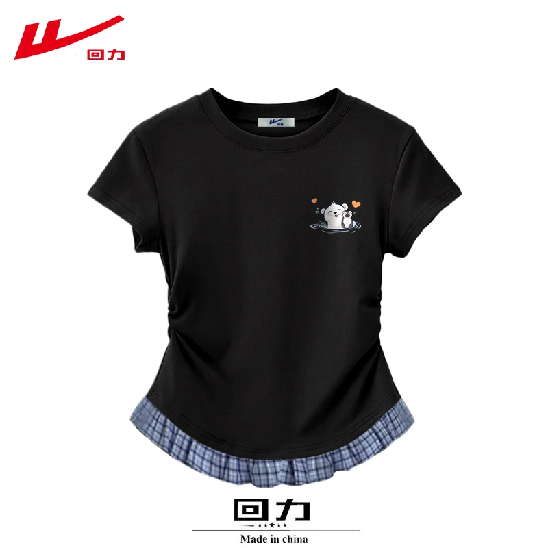 回力2025新款圆领多巴胺辣妹夏季夏装棉时尚短袖T恤女修身短款