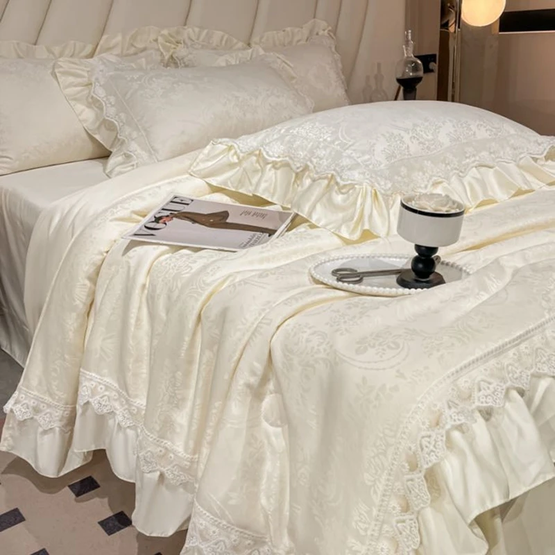 2025新款法式提花夏被四件套高档轻奢空调被蕾丝花边被子床单床品