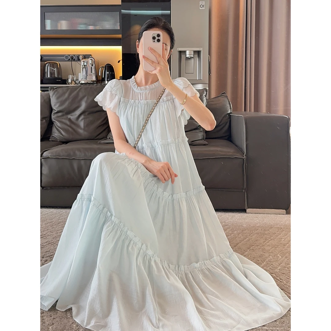 Zwinnie/詹维尼【天使爱美丽】蓝色版显瘦木耳边连衣裙 GYS202420