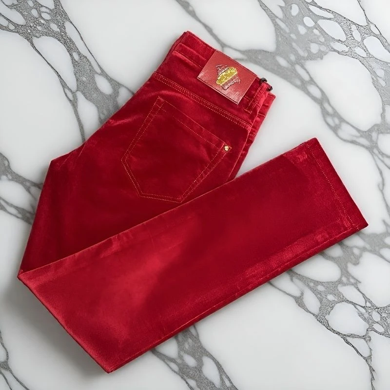 男士高档秋冬红色平绒纯色休闲长裤修身小直筒时尚舒适保暖裤男款