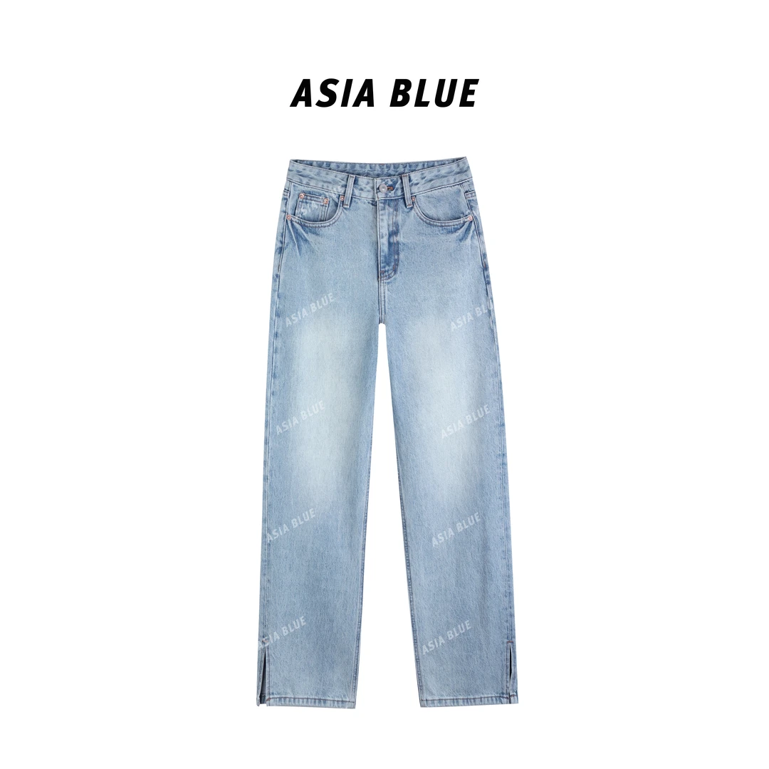 【ASIA BLUE】无弹浅色女潮流百搭开叉直筒牛仔裤Q5320