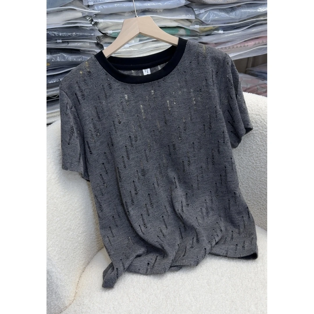 碳灰镂空~Y5967夏款圆领设计感时尚百搭短袖显瘦上衣长59 胸围100