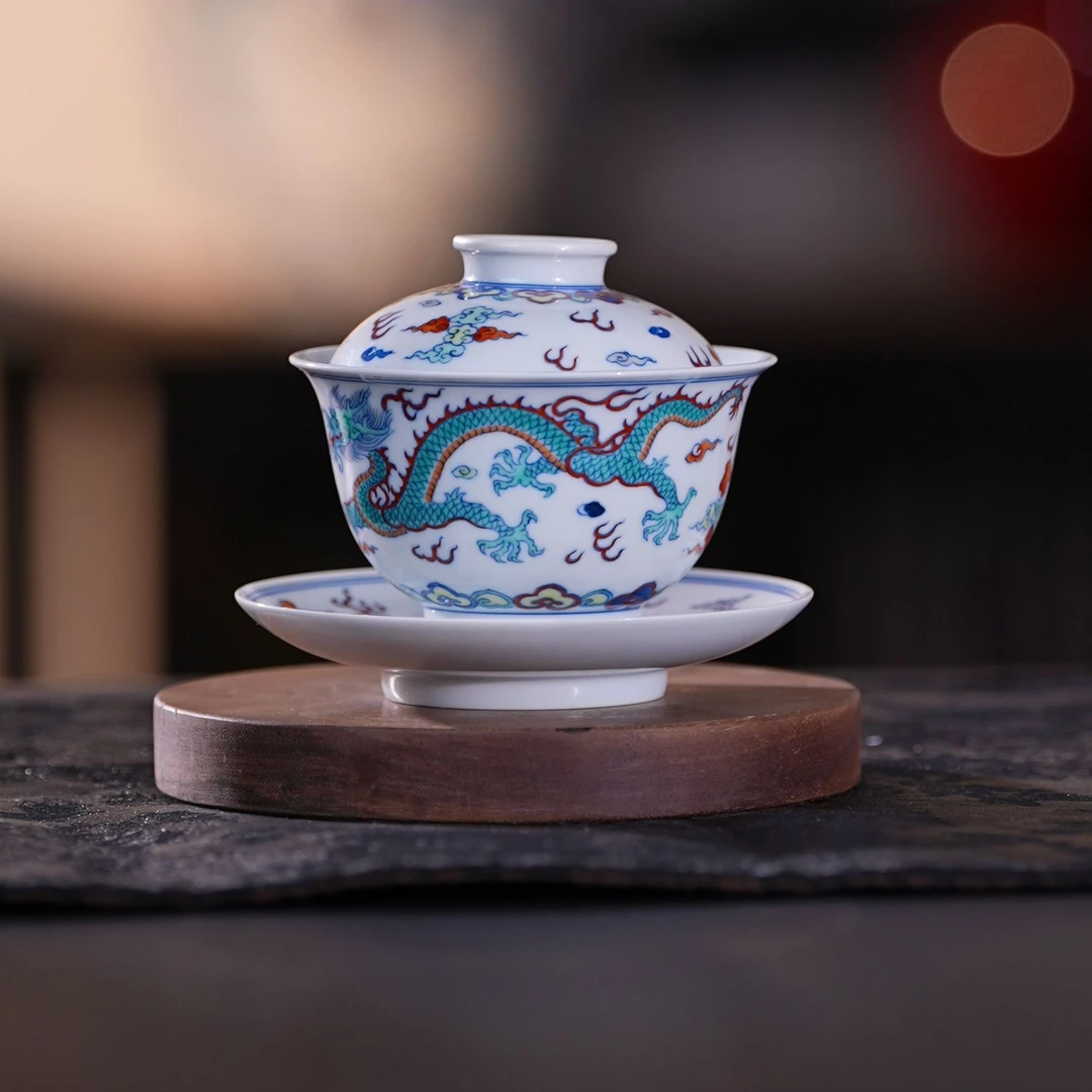 涂杏花丨斗彩龙凤呈祥三才盖碗180ml |周大乐优选