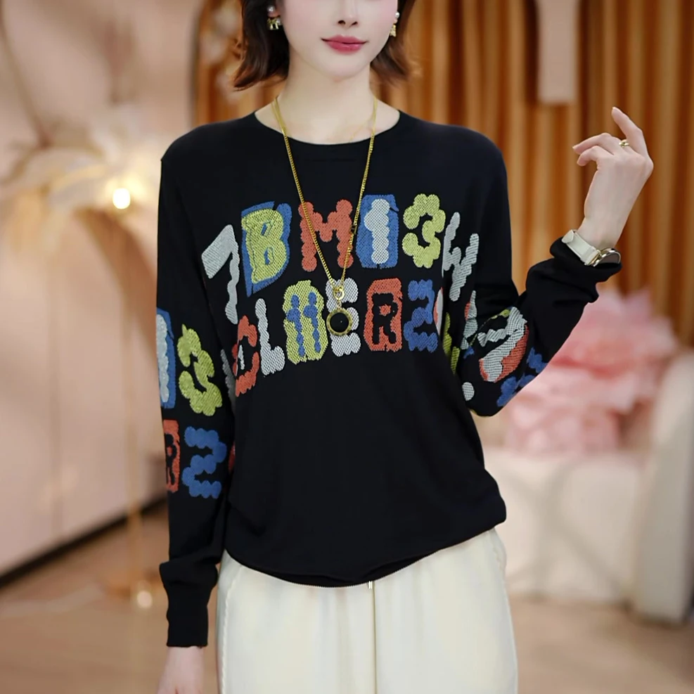 早秋字母织花小众设计感复古时尚气质洋气百搭休闲宽松显瘦针织衫