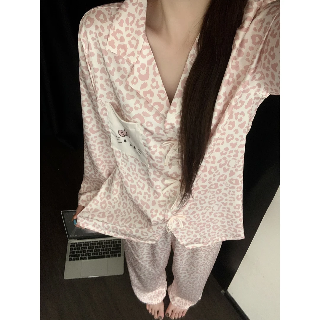 少女粉豹纹Kitty甜美冰丝睡衣女款秋季长袖长裤可外穿家居服套装