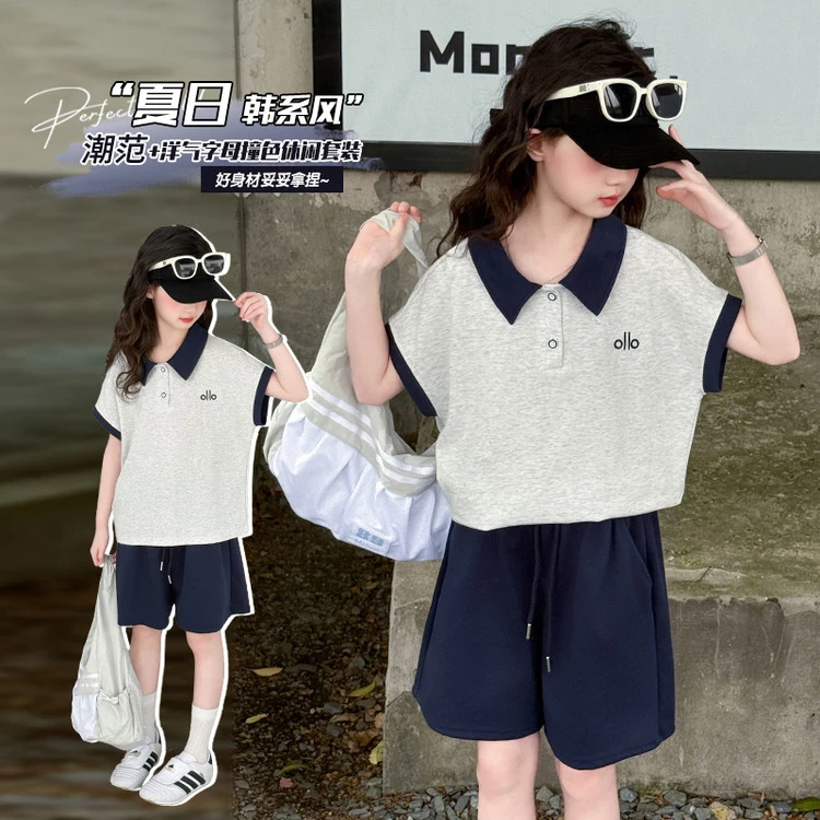夏季童装女童套装中大儿童时尚翻领POLO衫短袖女孩休闲短裤两件套