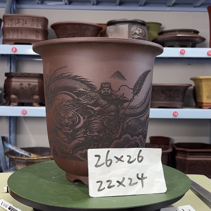 花盆紫砂刻绘关羽