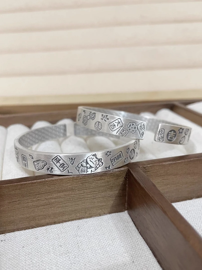 足银手镯 足银999平安喜乐招财猫手镯复古吉言纯银手镯百搭款