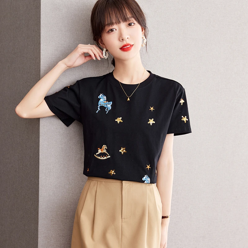 商场同款正女装2025夏时尚宽松圆领卡通刺绣亮片黑色短袖T恤女