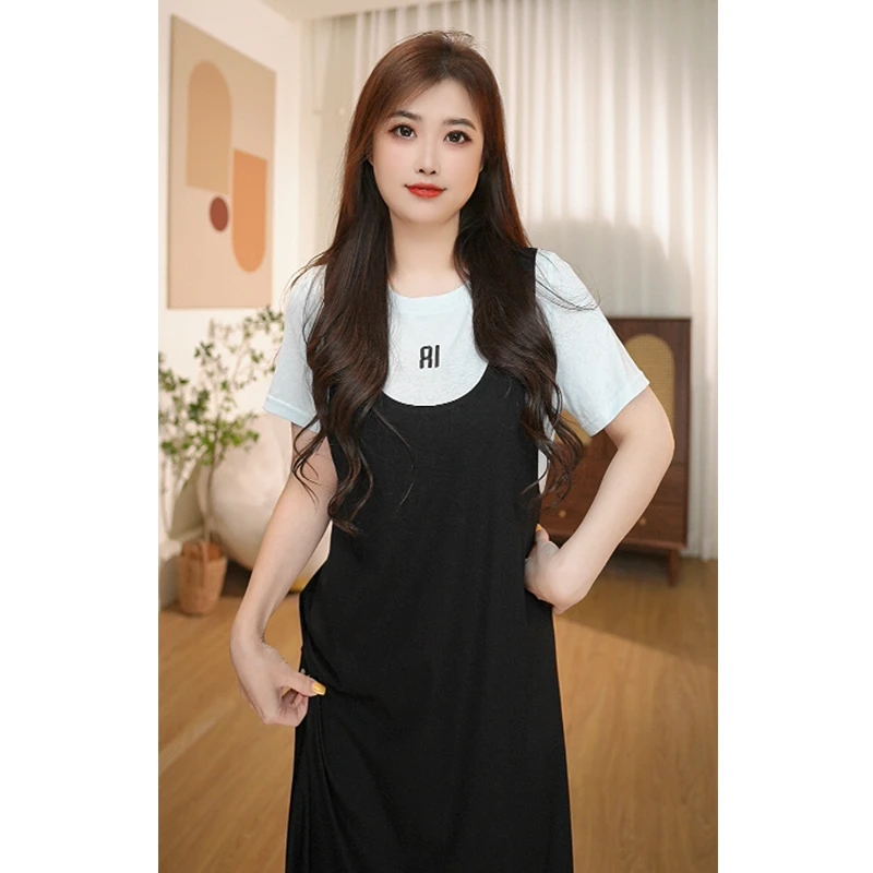 《哆啦》假俩件休闲百搭微胖穿搭黑白拼接大码女装胖mm连衣裙25080