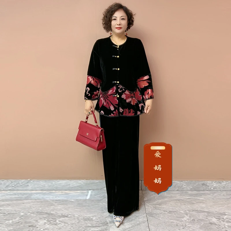 H秋季经典丝绒提花开衫长袖上衣时尚妈妈装气质百搭显瘦大码衬衫