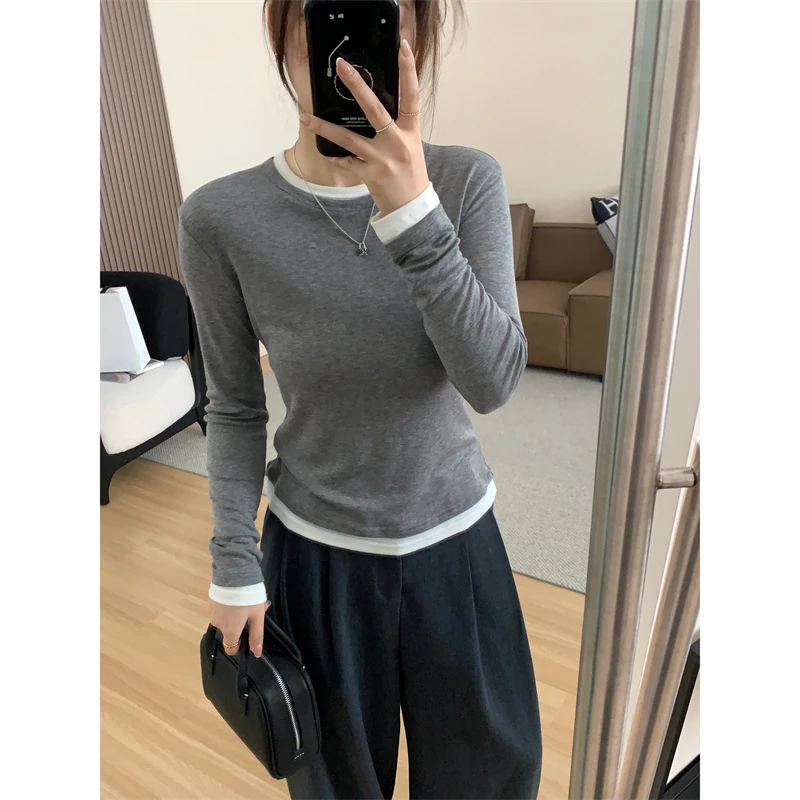 JMHH【撞白】莱赛尔天丝羊毛撞色假两件长袖T恤女显瘦亲肤打底衫