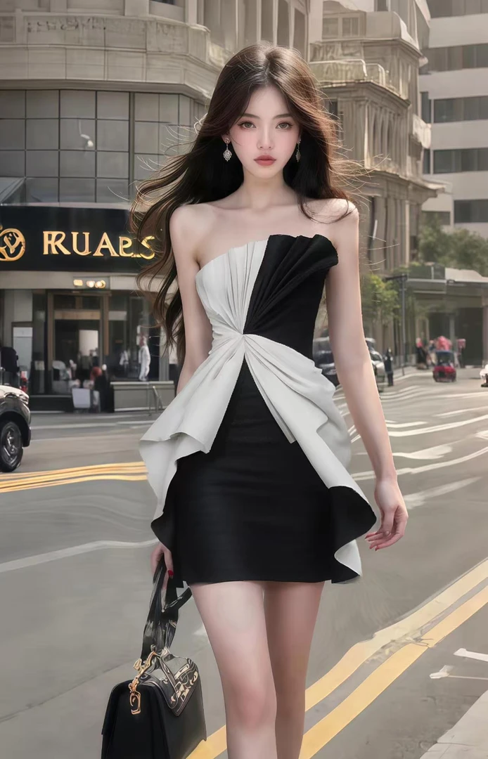 夏季新款2025黑拼白不规则领型抹胸修身收腰包臀轻奢优雅连衣裙女