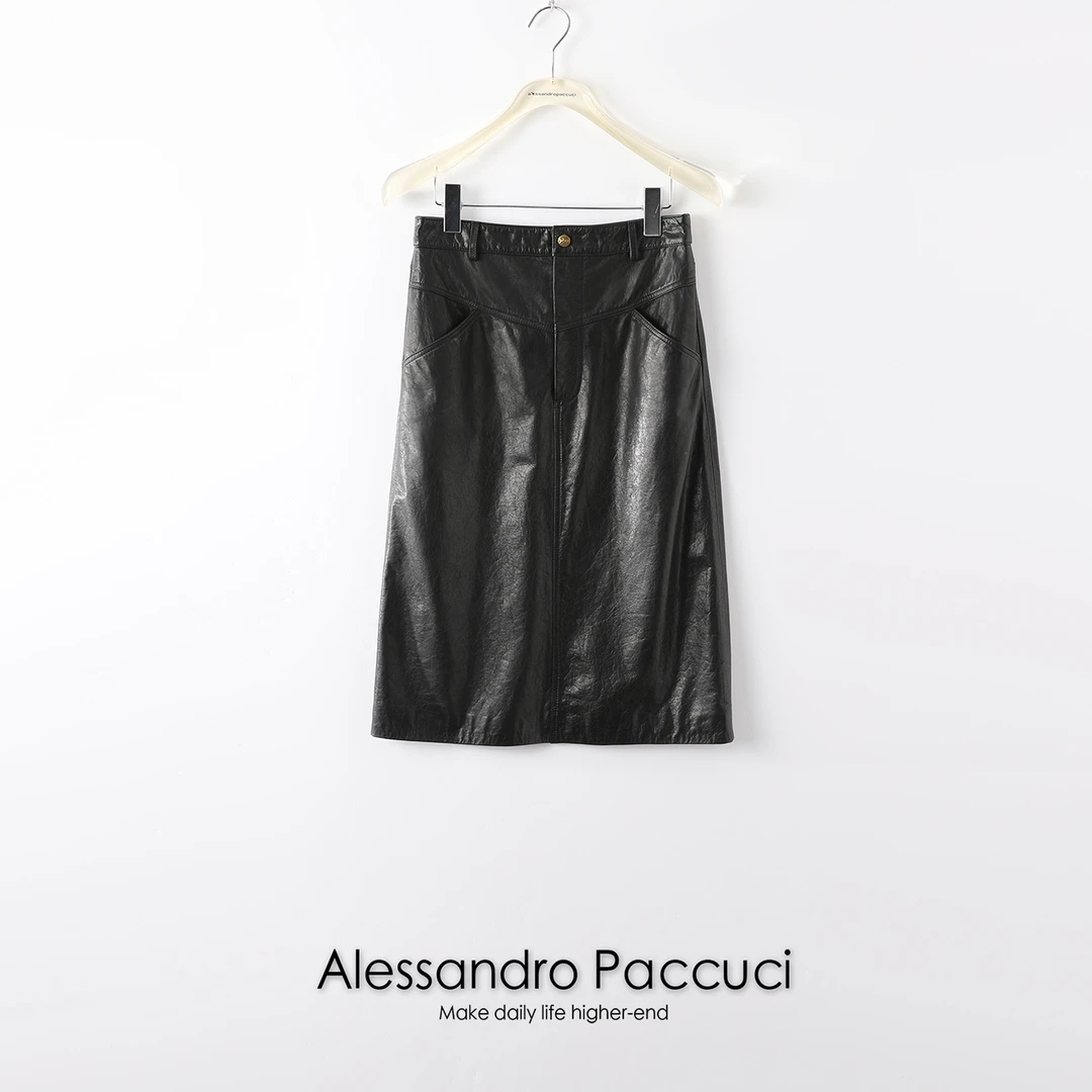 【孤品特价不退换】洛哥19940新款蜡感小牛皮半裙