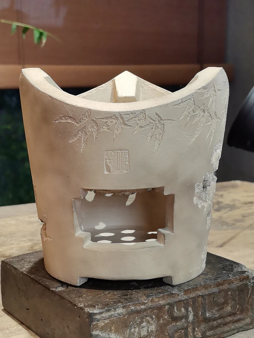 邱彬经典刻绘【竹叶窗】矮款白泥凉炉文人茶器煮茶炉