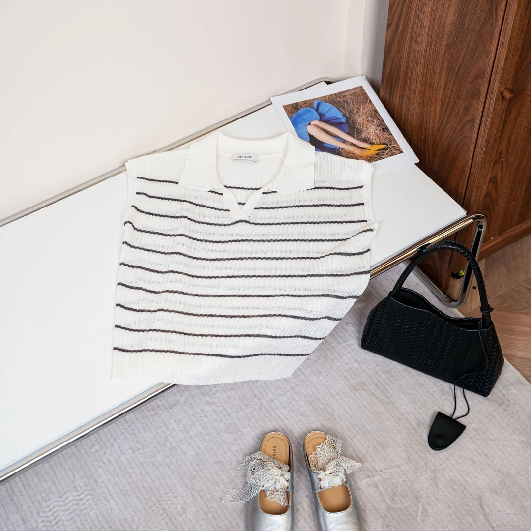 条纹宽松型无袖简约夏季适中韩版洋气毛针织衫拼色59401