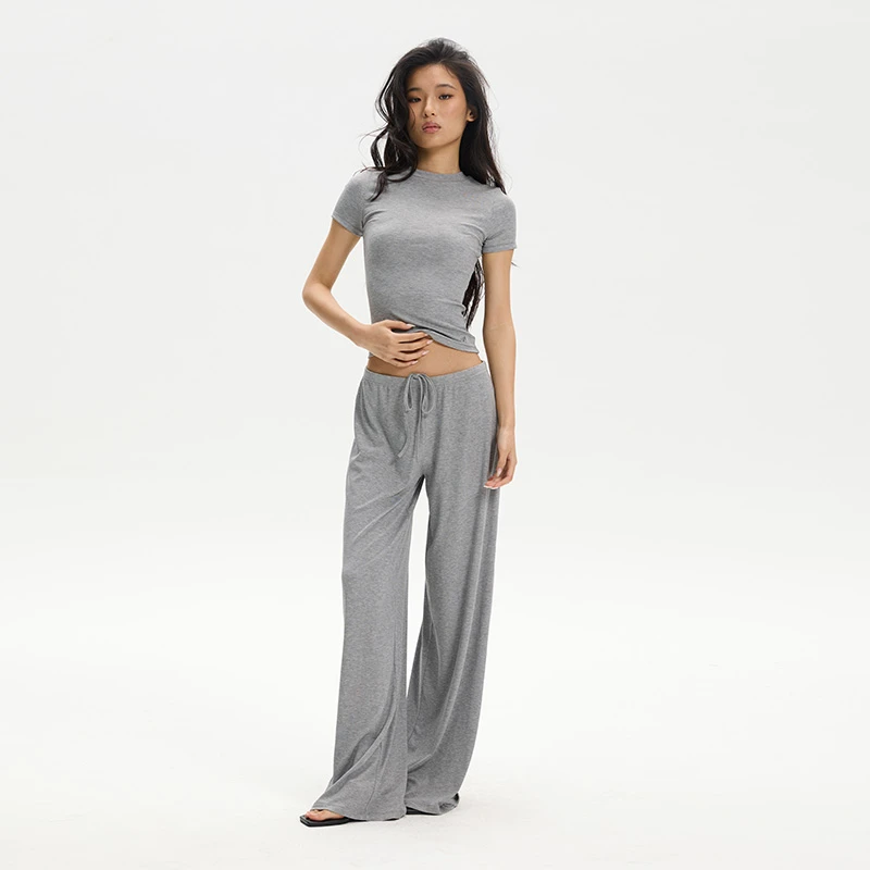 LEIYU LABS针织休闲阔腿裤女夏凉感抽绳直筒裤修身显瘦拖地裤
