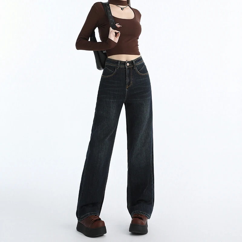 KALEELEMENT/卡乐元素复古高腰显瘦窄版直筒阔腿拖地阔腿牛仔女DR