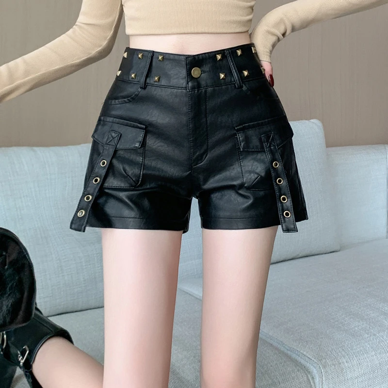 2025秋冬新款美式复古A字铆钉工装短裤辣妹高腰休闲PU皮阔腿热裤