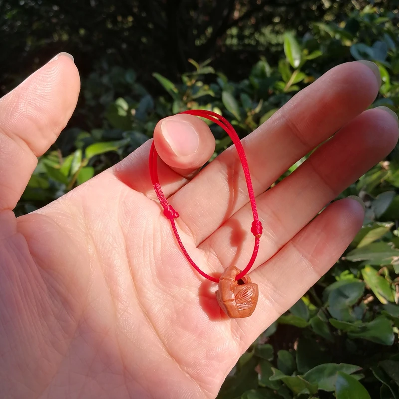 野生桃胡手工雕刻竹节桃篮挂件手绳红绳脚链宝宝满月儿童百天礼物