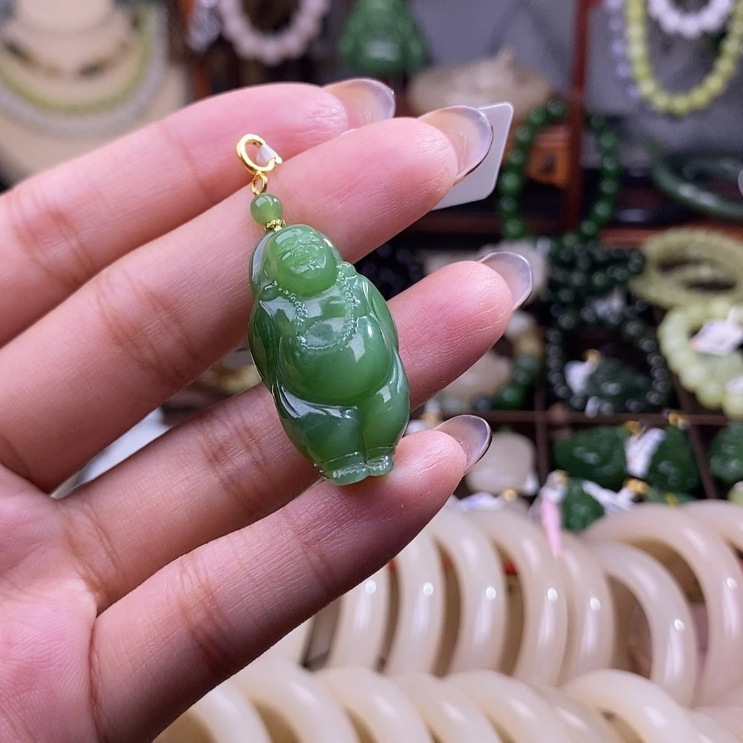 和田玉清货价碧玉猫眼金镶逍遥佛未镶嵌