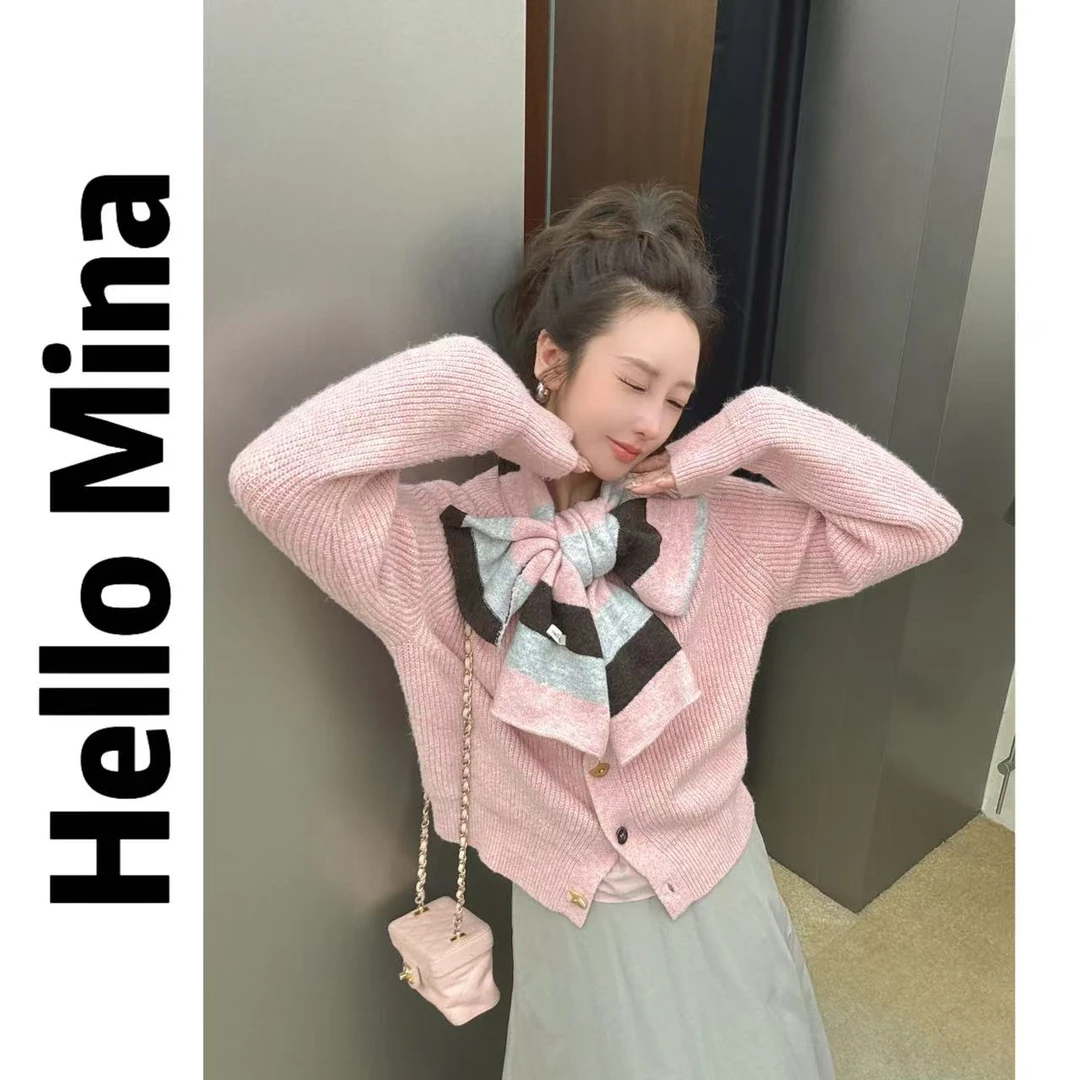 257216撞色围巾针织开衫两件套