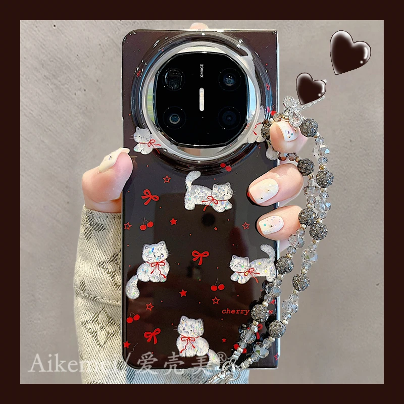 适用华为mateX6折叠屏手机壳matex5典藏版红色英文matex3闪粉猫咪