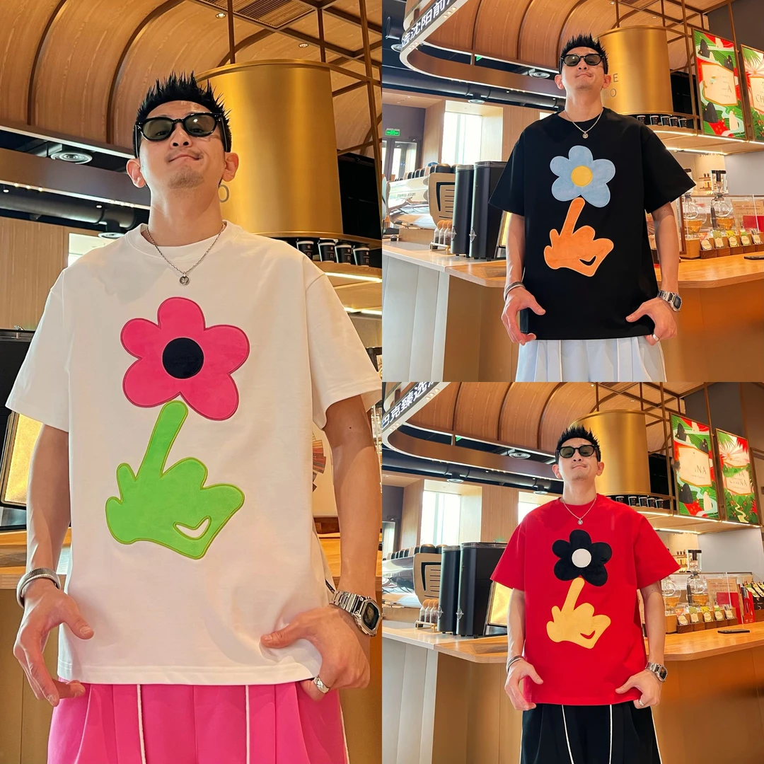 简约休闲百搭宽松撞色贴布花卉设计感潮流男女同款纯棉短袖T恤