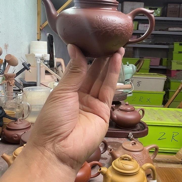 紫砂茶壶原矿老紫泥刻绘笑樱紫砂壶220cc