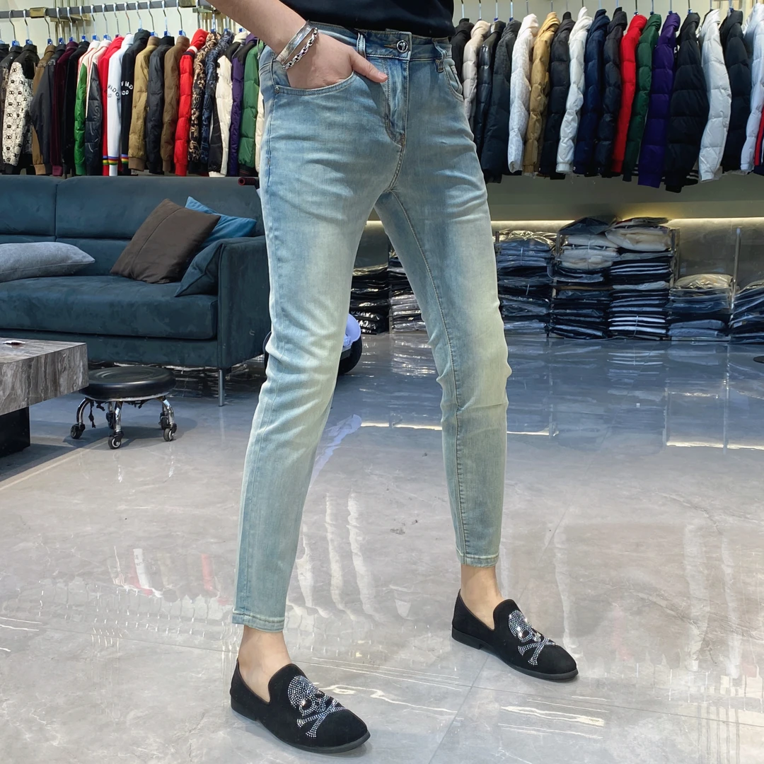 【也许家】夏季新品浅色牛仔裤欧货修身帅气显瘦九分裤TH8205