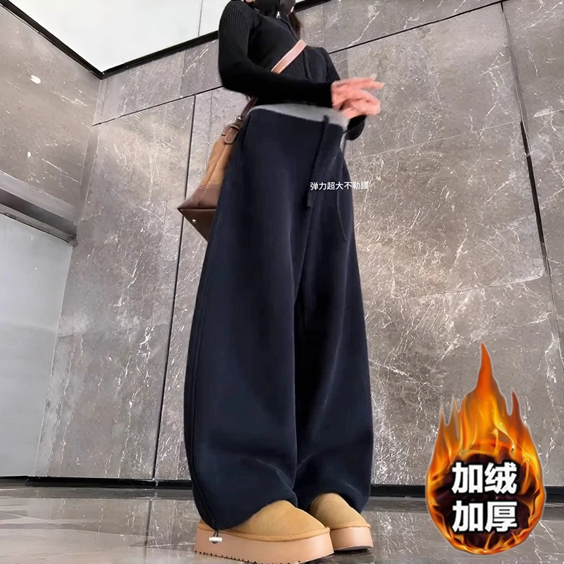 黑色秋冬胖mm加绒阔腿裤女新款大码胖mm梨型身材高腰显瘦加绒卫裤