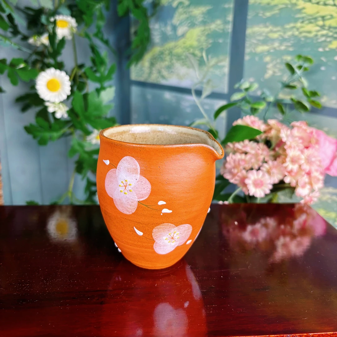 橘色粉引纯手绘釉下彩山茶花公道杯中式复古家用茶具陶瓷分茶器