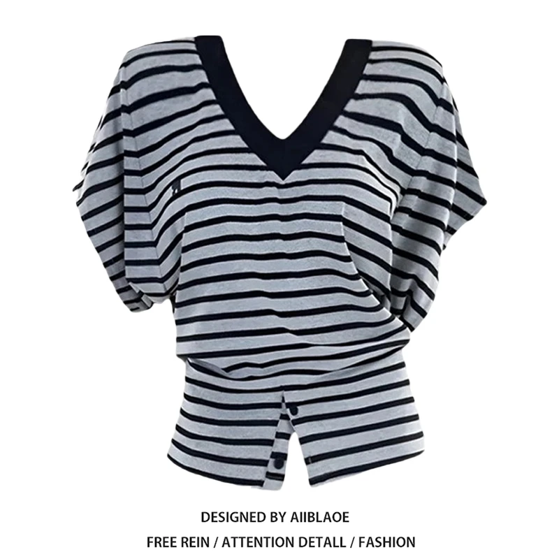 韩系条纹V领正肩短袖T恤女夏季蝙蝠袖小众设计感收腰修身显瘦上衣