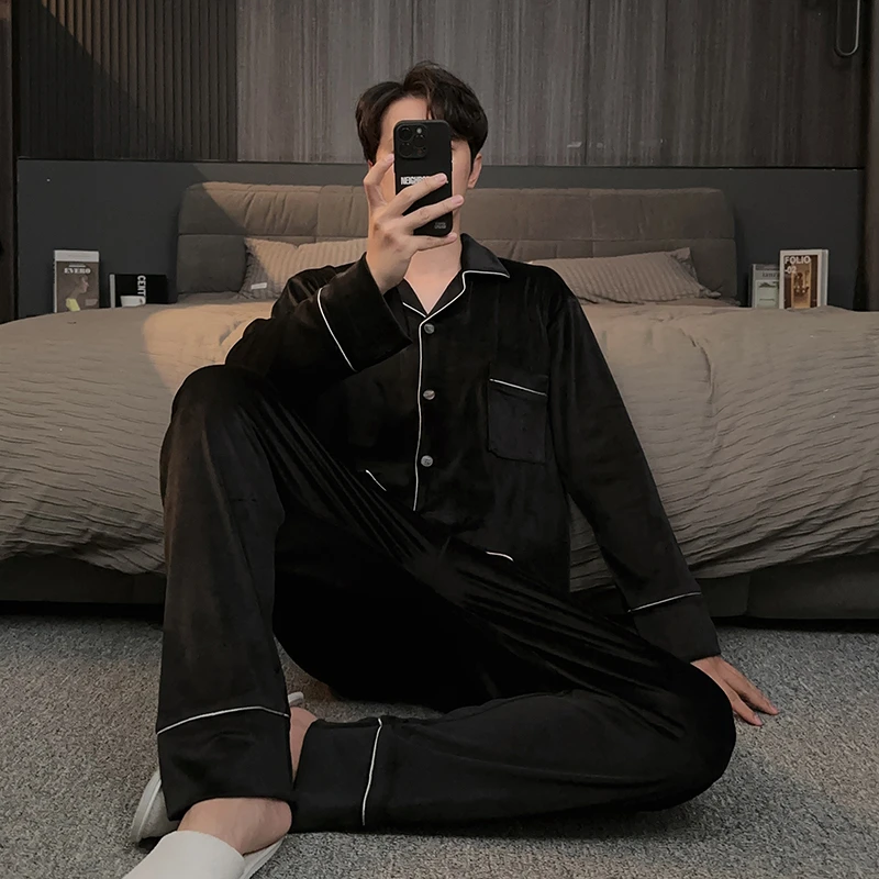 海岛绒睡衣男款高级感长袖秋冬季保暖加绒加厚珊瑚绒家居服两件套