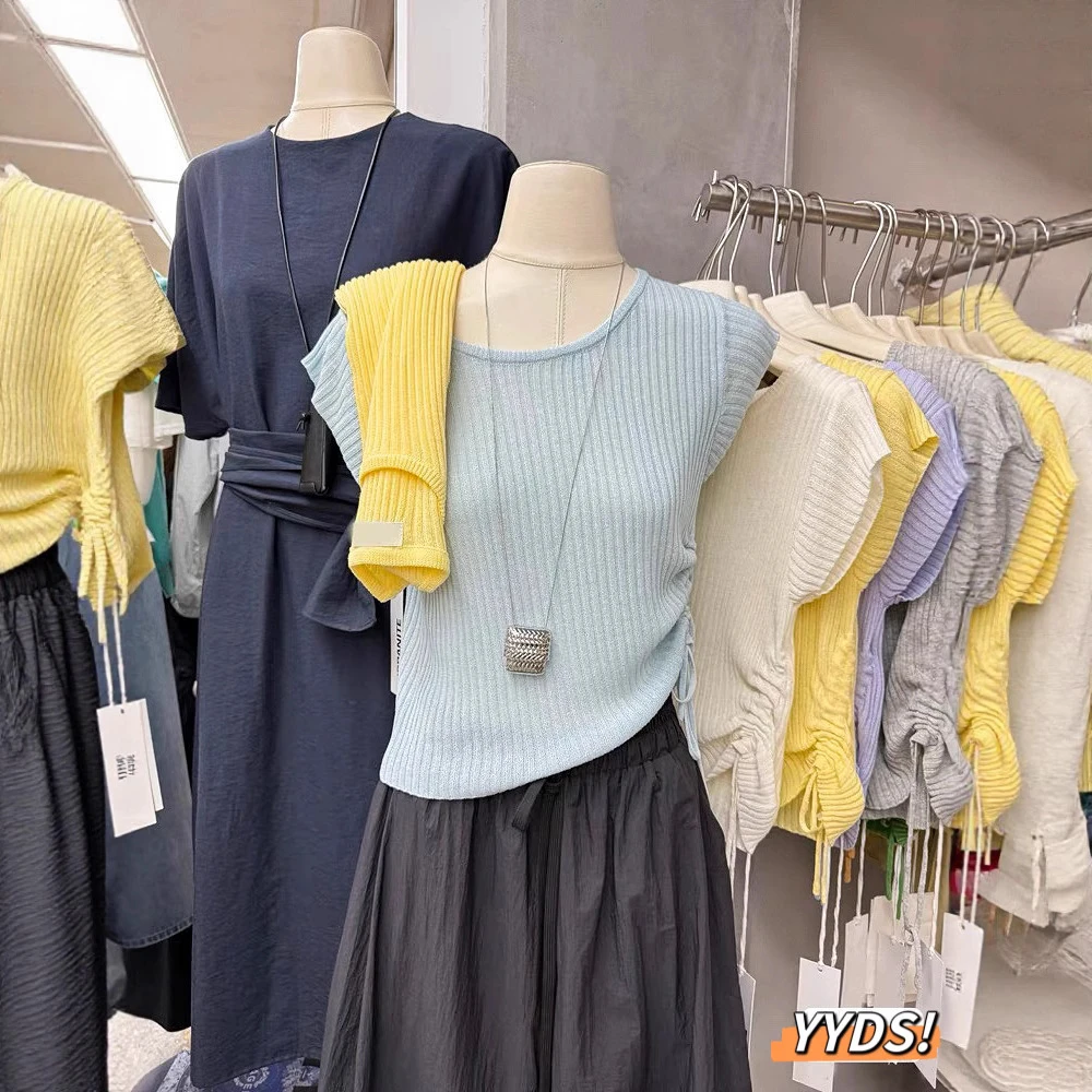 韩系藏冰丝针织小飞袖短袖t恤女夏不规则短款掐腰设计感上衣51166