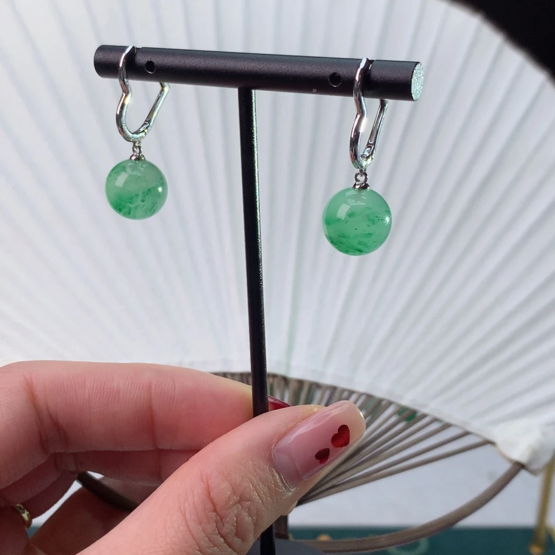 石英质玉冰飘花精品耳饰银S925镀金镶嵌