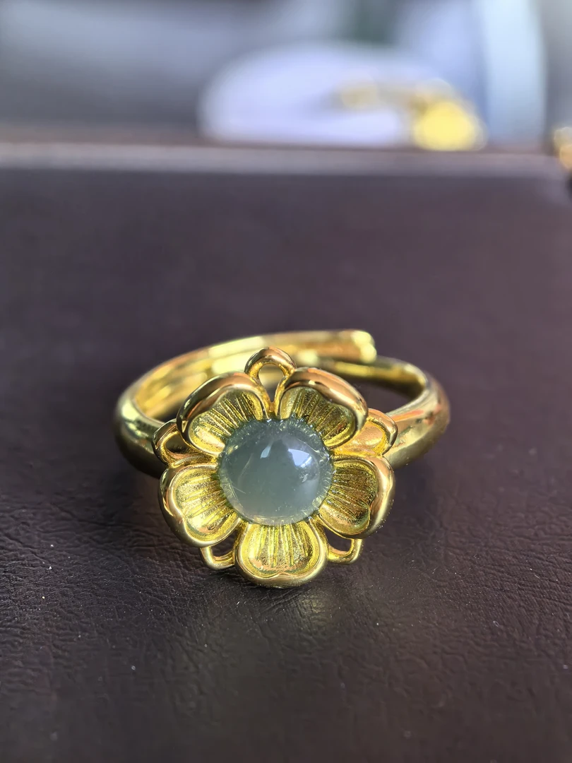 天然牡丹花轻奢复古开口翡翠花朵戒指