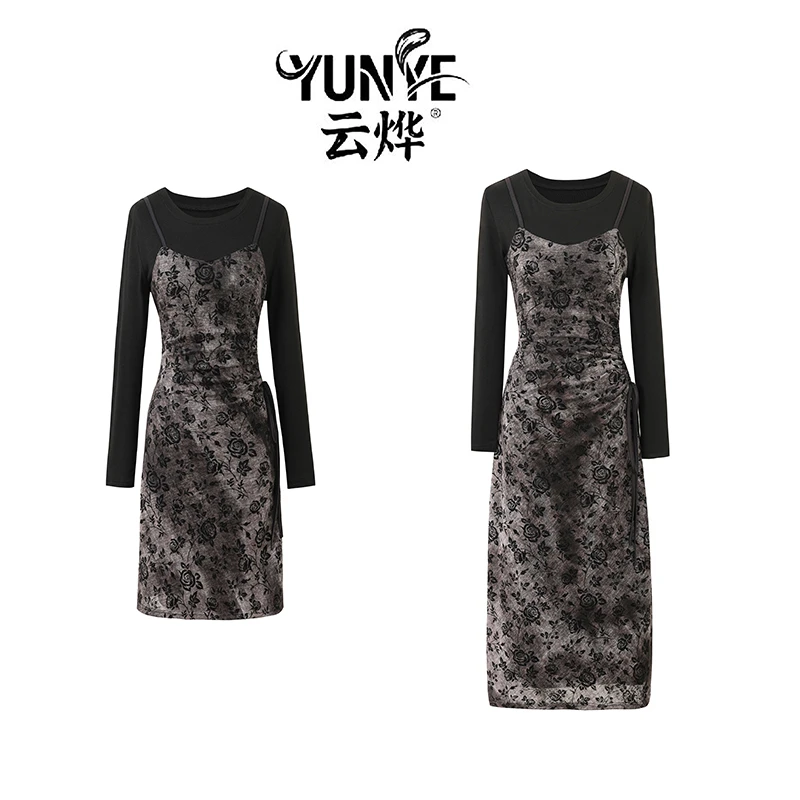 YUNYE/云烨【丝绒花镜】秋冬黑灰假两件吊带连衣裙修身礼服时尚