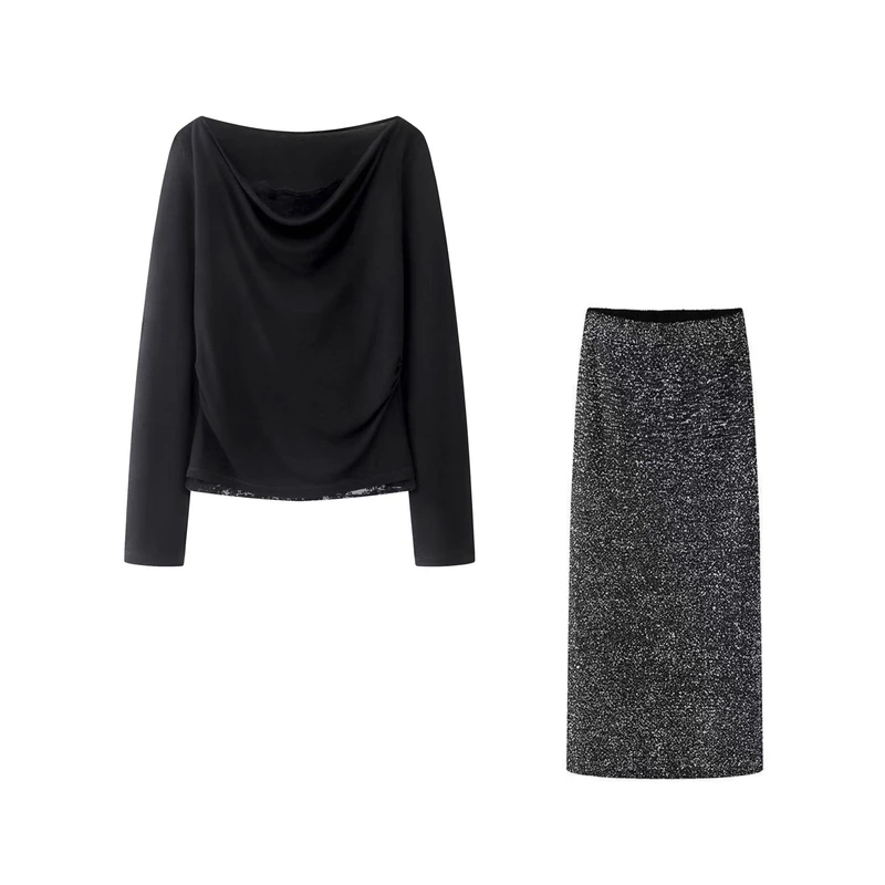 艾家女针织毛针织衫丝质拼接圆领毛衫休闲女装小众套装1136/3576