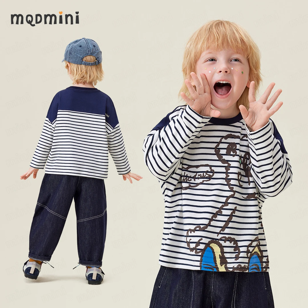 MQDMINI秋季长袖新款男童童装条纹T恤圆领透气印花保暖打底上衣