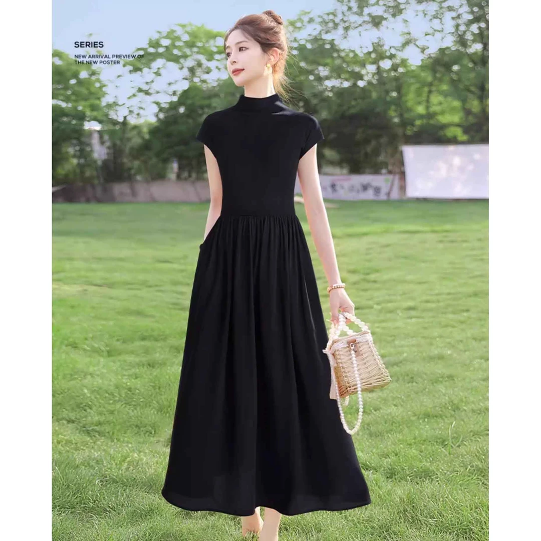 优雅感长裙2025夏新款女装赫本风收腰气质垂感大摆修身显瘦连衣裙