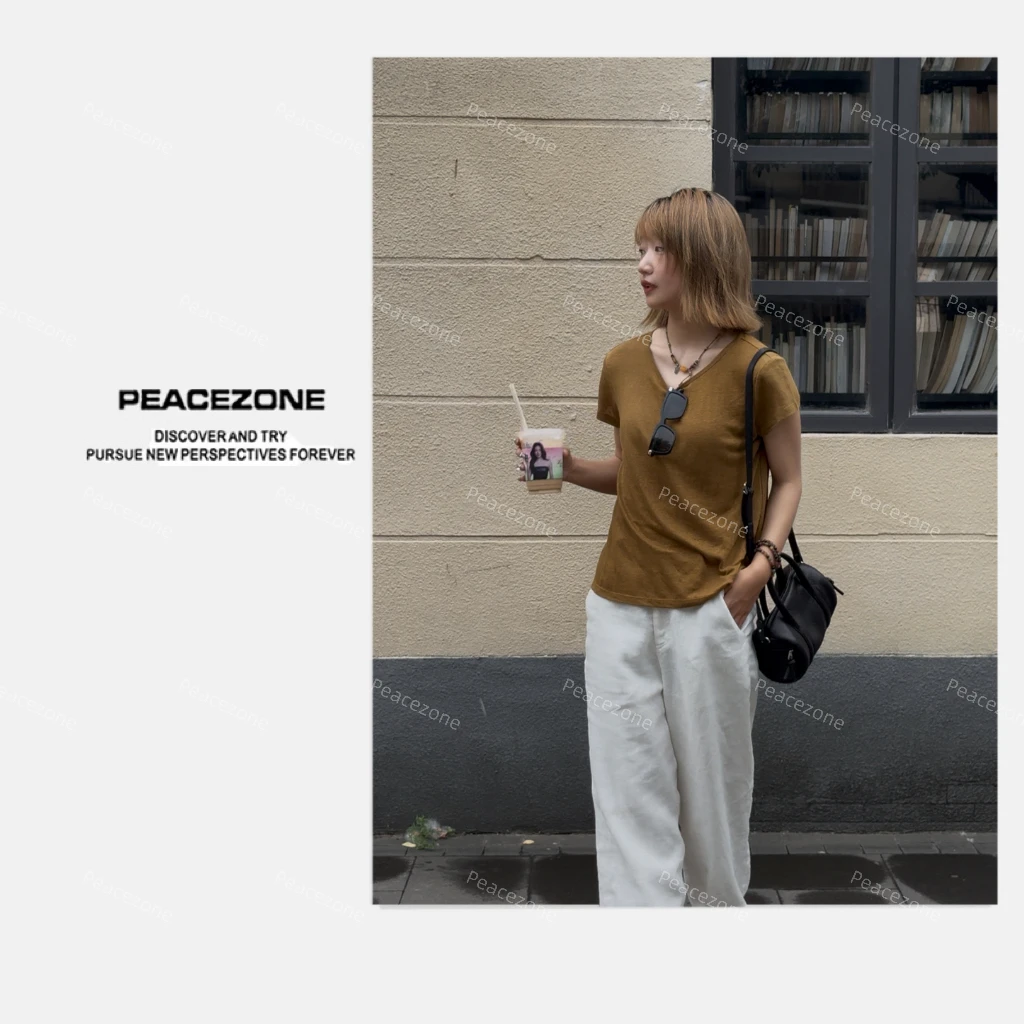 Peacezone 【100亚麻】 夏季新款简约百搭T恤短袖/HTX160