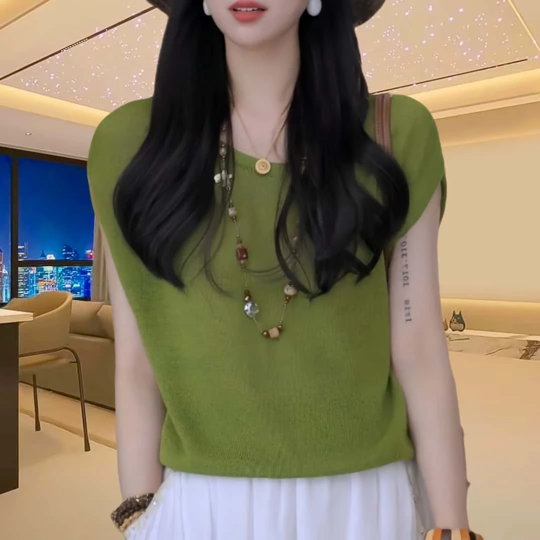 夏季宽松洋气纯色短袖针织衫2025新款时尚圆领设计高级休闲上衣