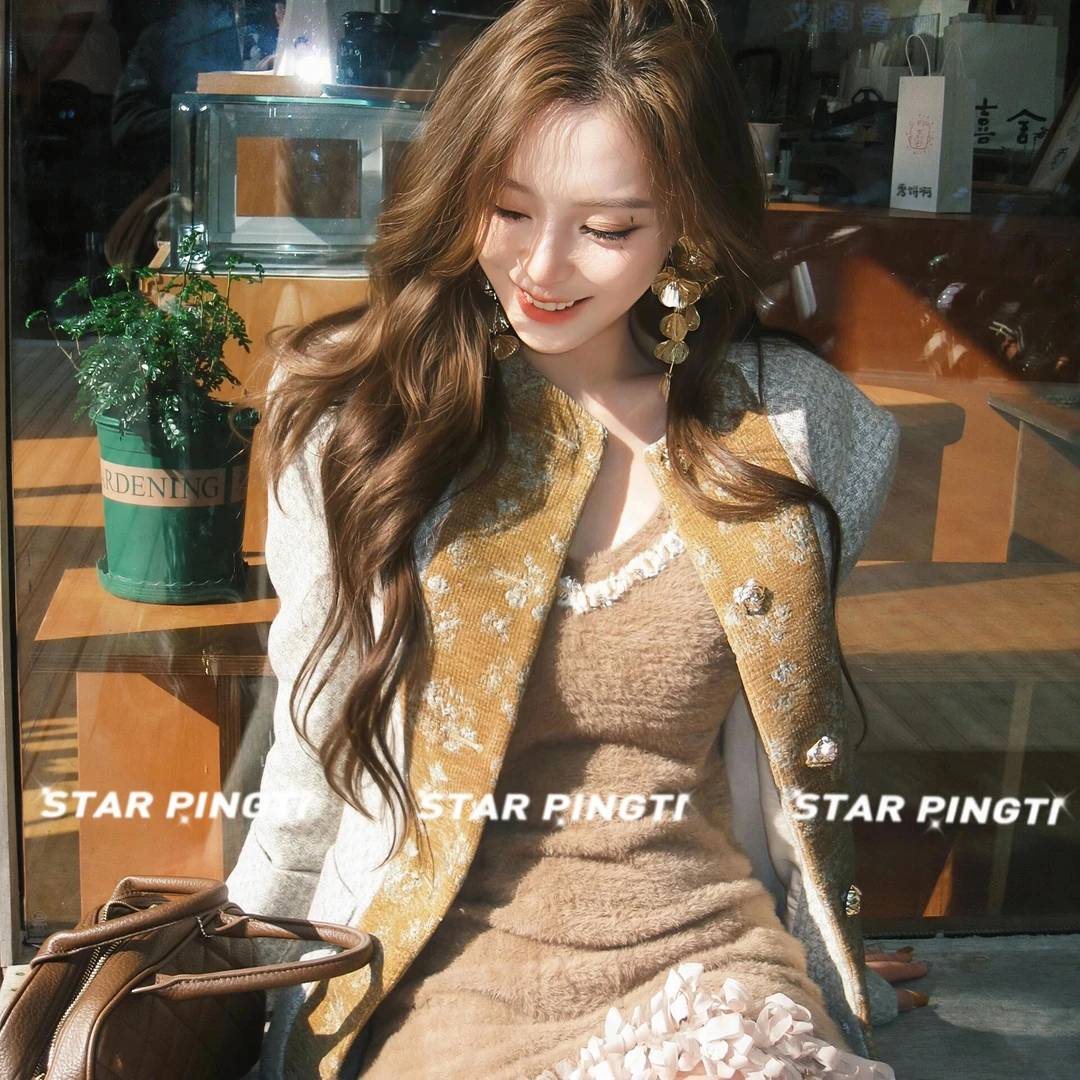 小香风套装女秋冬时尚气质仙气复古拼接外套流苏针织打底裙两件套