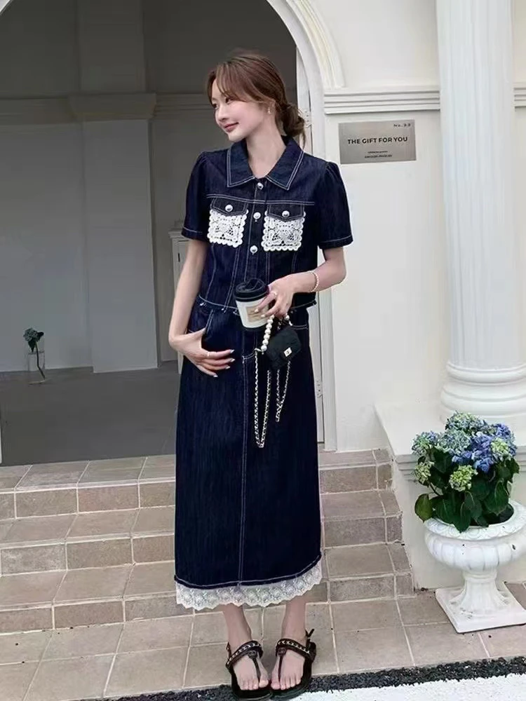 新款夏季时尚休闲蕾丝拼接牛仔上衣半身裙套装气质翻领长款宽松