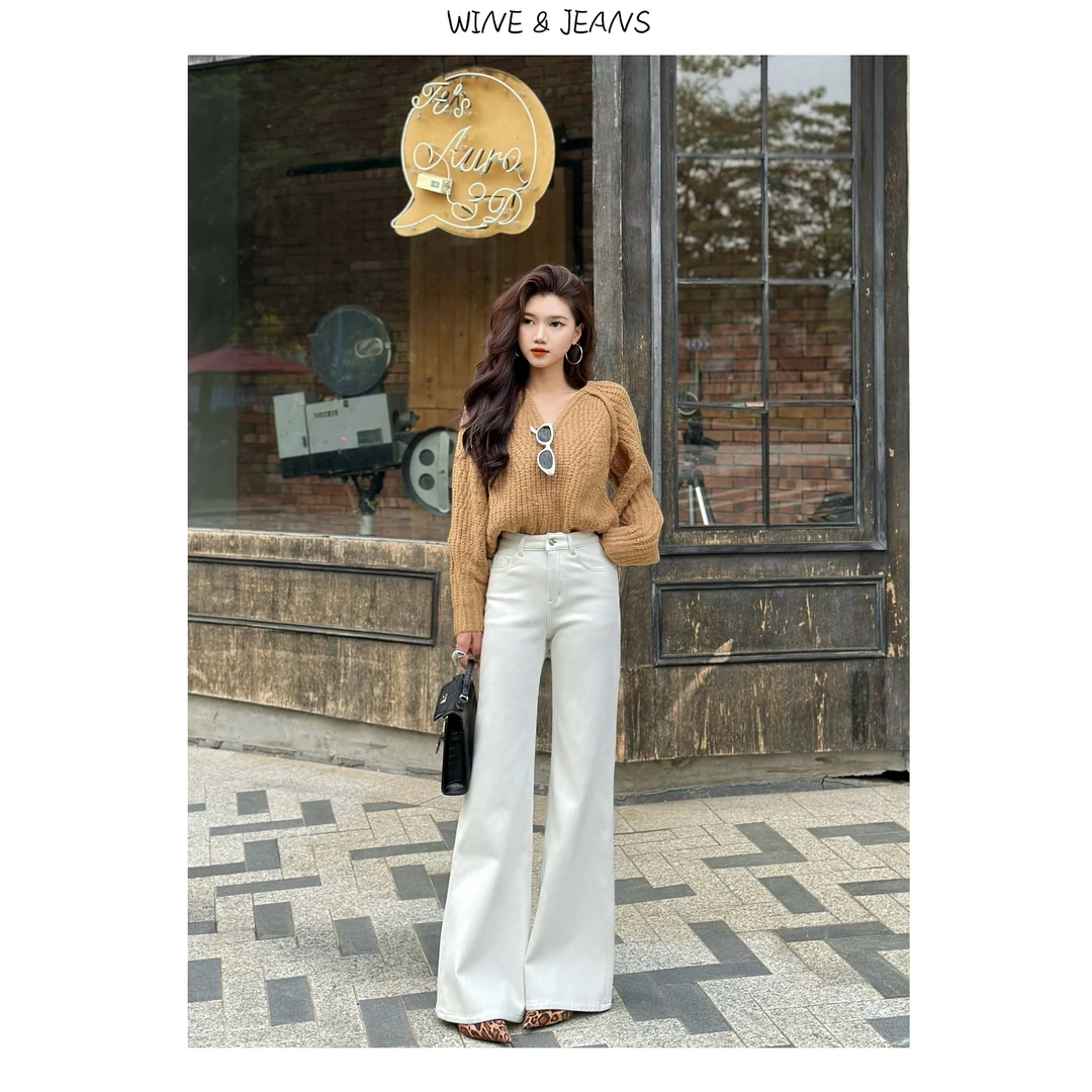 "春日浪漫”2025新款高级感休闲直筒微喇白牛仔裤女