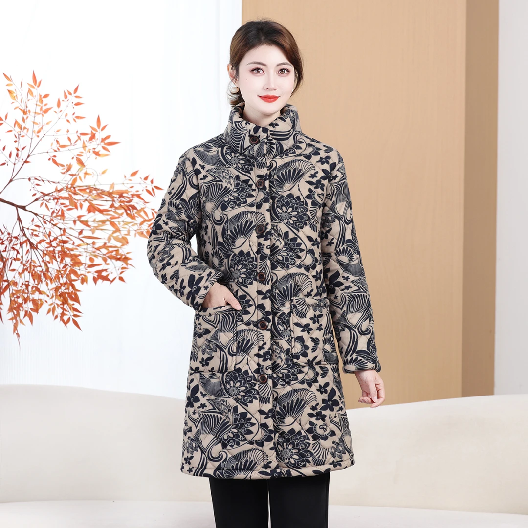 妈妈秋冬时尚立领保暖外套中老年女装冬季洋气中长款加绒加厚大衣