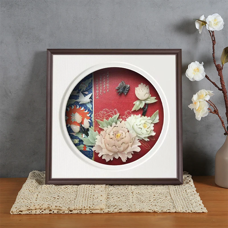 九头鸟手工玉雕画《花开富贵》30×30