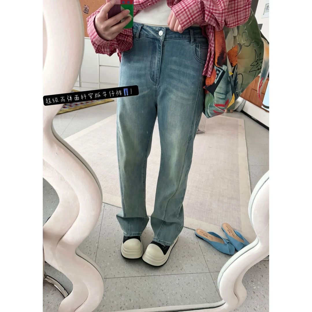 2025新款时尚复古水洗百搭高腰弯刀牛仔裤休闲春秋显瘦